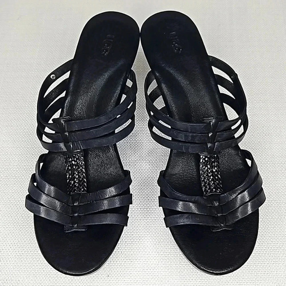 UGG Mattie Black Leather Platform Wedge Stacked Heel Sandal Women's Size 10 - Picture 9 of 15